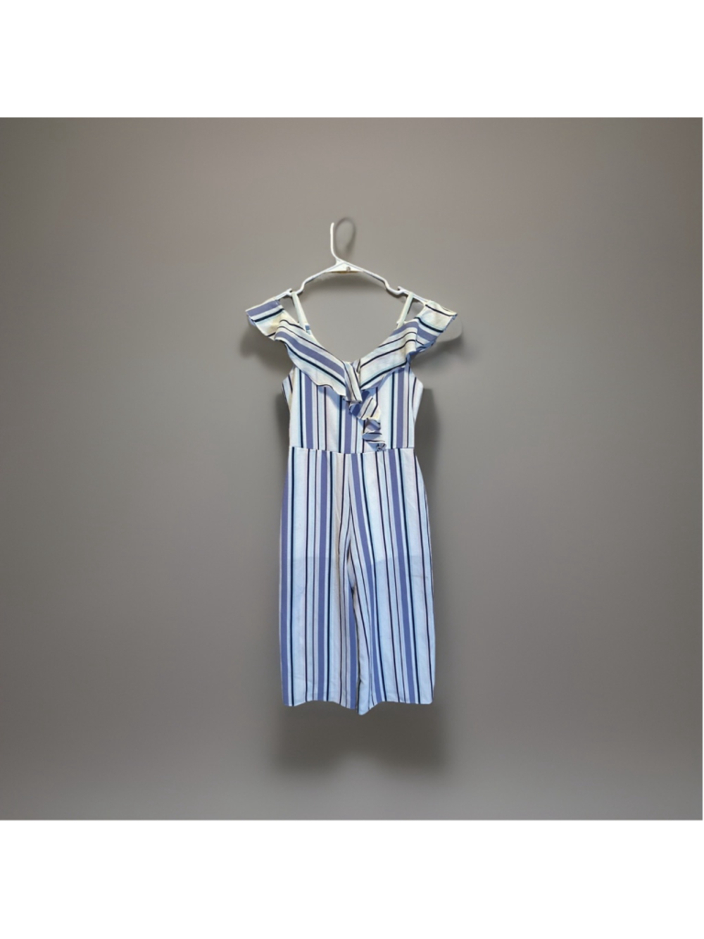 Amy Byer Girls Size 8 Striped Jumpsuit Ruffle Off Shoulder One Piece Outfit
